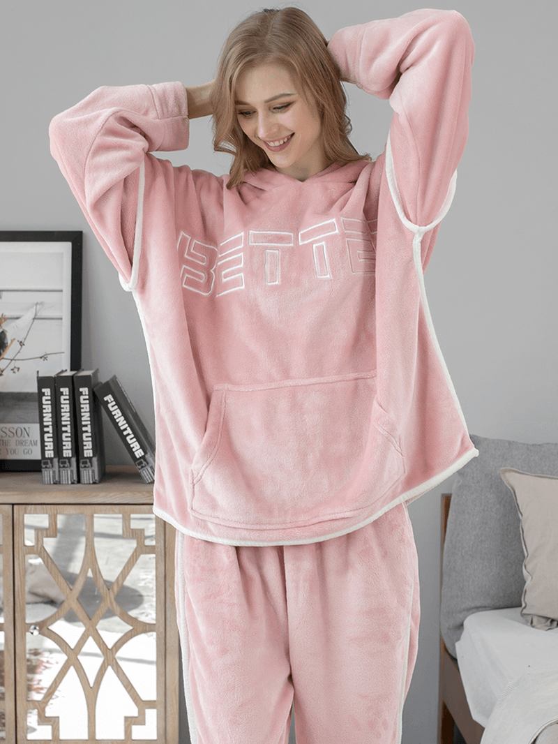 Kvinnor Flanell Brevbroderi Tjocka Luvtröja Elastisk Midja Lösa Byxor Hem Pyjamasset