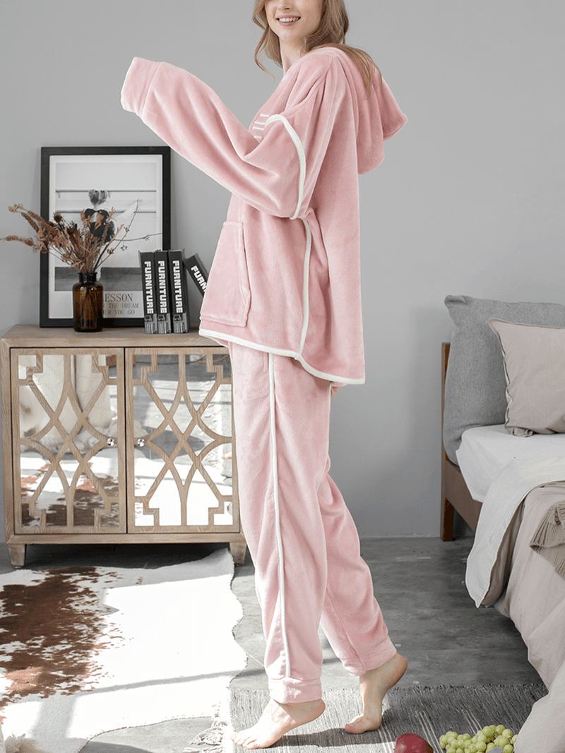 Kvinnor Flanell Brevbroderi Tjocka Luvtröja Elastisk Midja Lösa Byxor Hem Pyjamasset