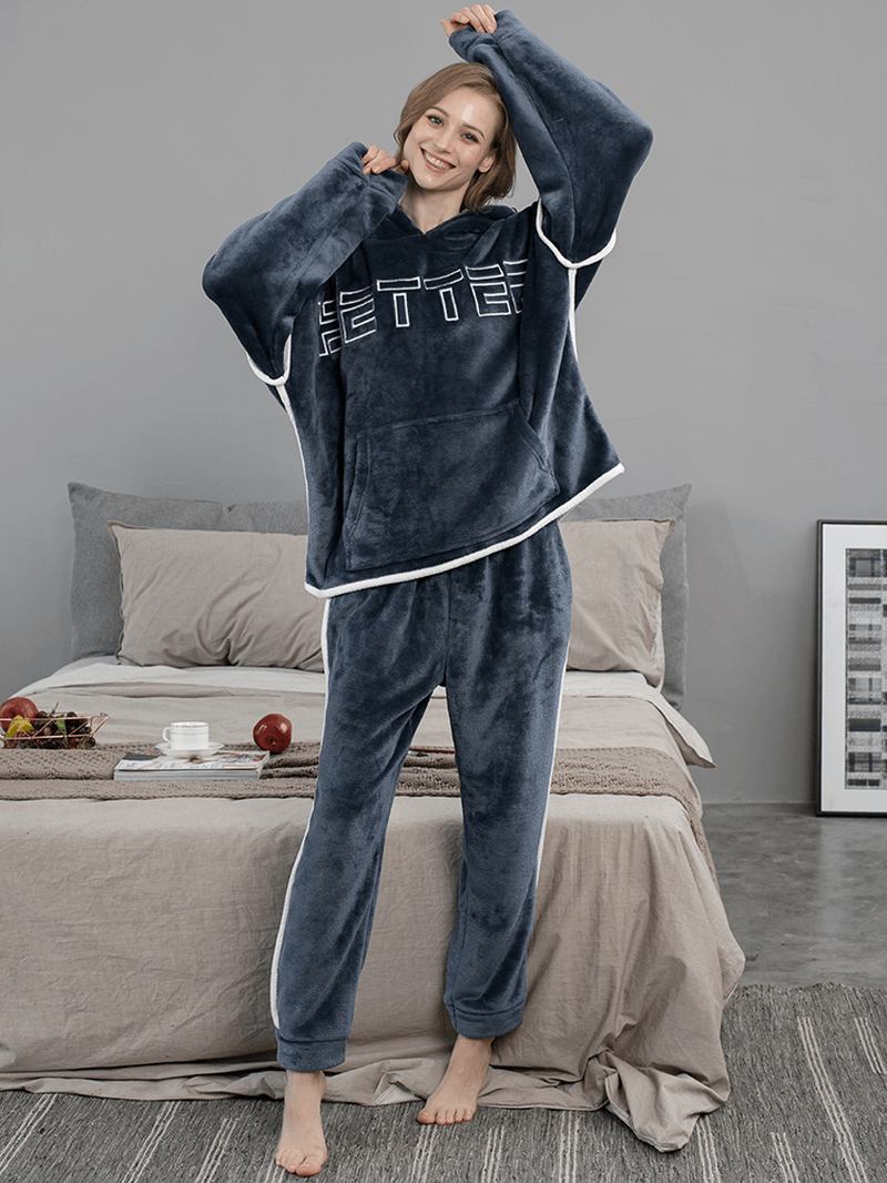 Kvinnor Flanell Brevbroderi Tjocka Luvtröja Elastisk Midja Lösa Byxor Hem Pyjamasset