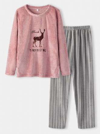 Kvinnor Flanell Tjock Hjortbroderi Randiga Byxor Med O-ringad Hem Casual Varma Pyjamasset
