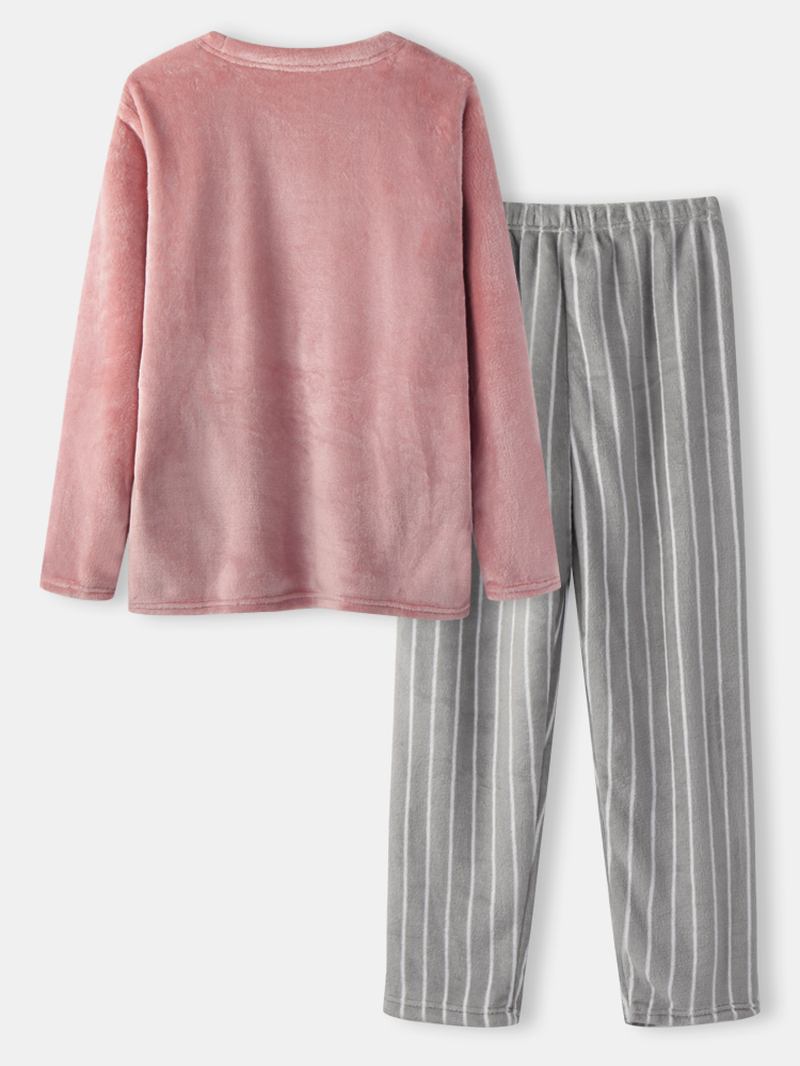 Kvinnor Flanell Tjock Hjortbroderi Randiga Byxor Med O-ringad Hem Casual Varma Pyjamasset