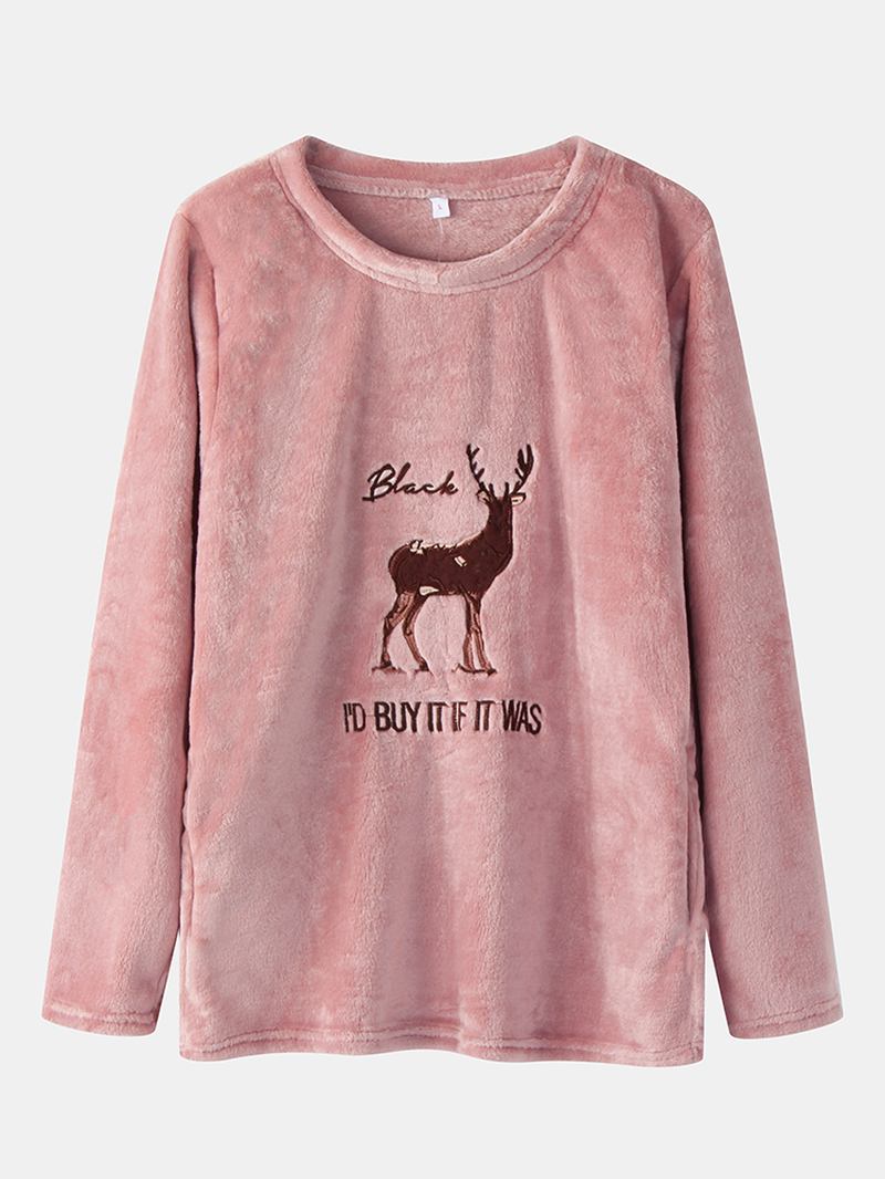 Kvinnor Flanell Tjock Hjortbroderi Randiga Byxor Med O-ringad Hem Casual Varma Pyjamasset