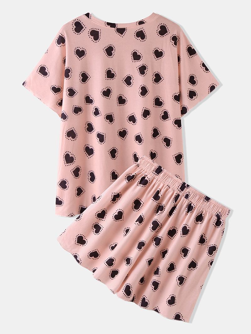 Kvinnor Funny Hearts Med Tryck Kortärmad Elastisk Midja Dragsko Casual Pyjamas Set