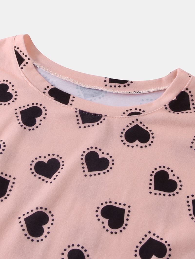 Kvinnor Funny Hearts Med Tryck Kortärmad Elastisk Midja Dragsko Casual Pyjamas Set