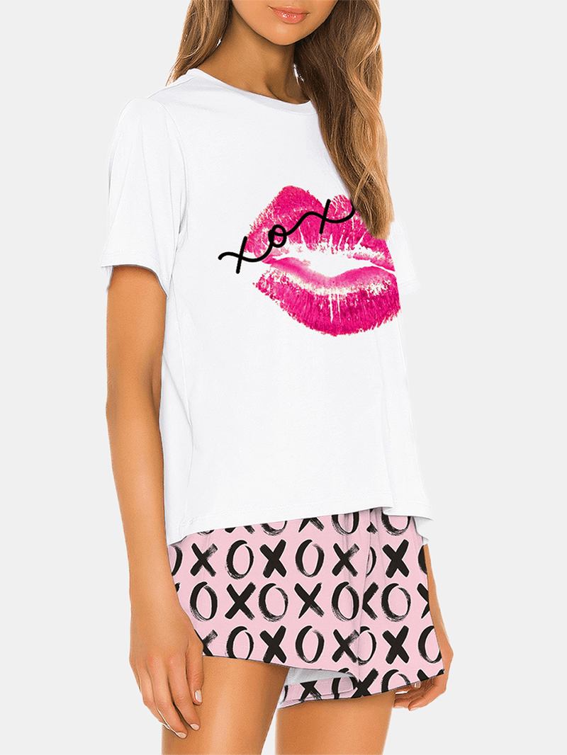 Kvinnor Funny Kiss Letter Med Tryck Lös Med Tryck Lös Andas Pyjamas Set