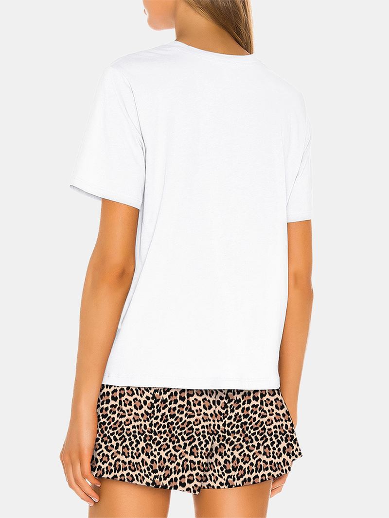 Kvinnor Funny Leopard Med Tryck Rund Hals Kort Ärm Andas Pyjamas Set
