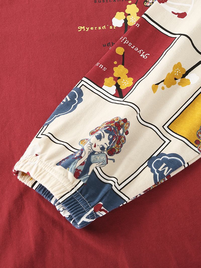 Kvinnor I Kinesisk Stil Figur & Letter Med Tryck Rund Hals Långärmad Resår I Midjan Hem Pyjamas Set