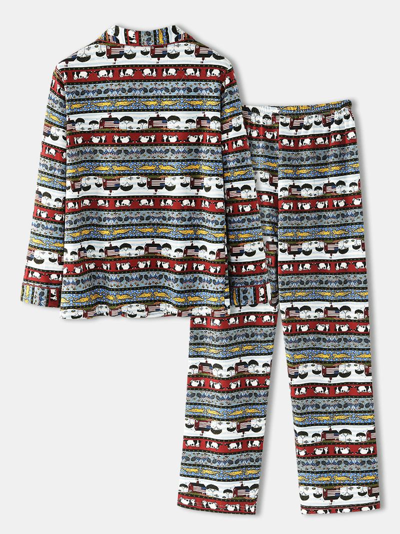 Kvinnor Jul Allover Animal Med Tryck Lapel Bomull Dubbel Pocket Lång Pyjamas Set
