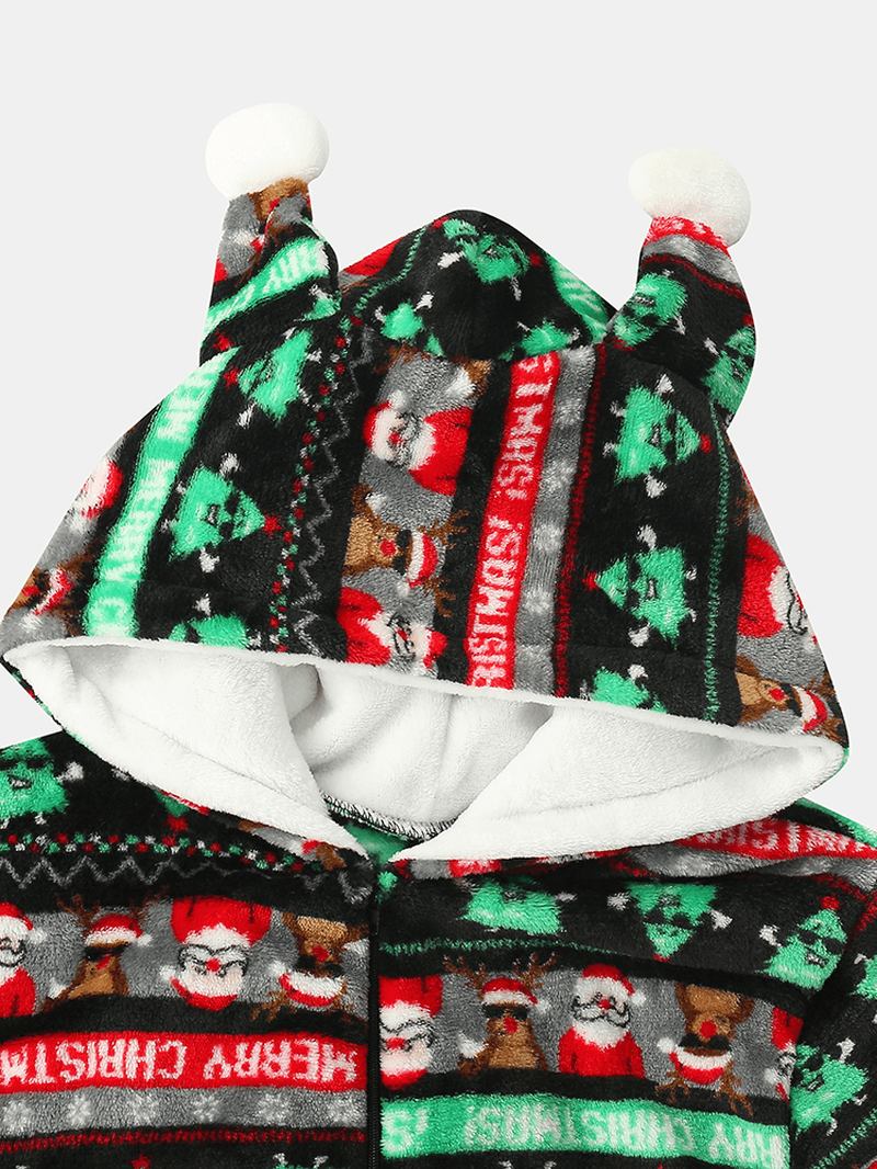 Kvinnor Jul Flanelltryckt Blixtlås Öron Detalj Långärmad Onesies Hooded Pyjamas
