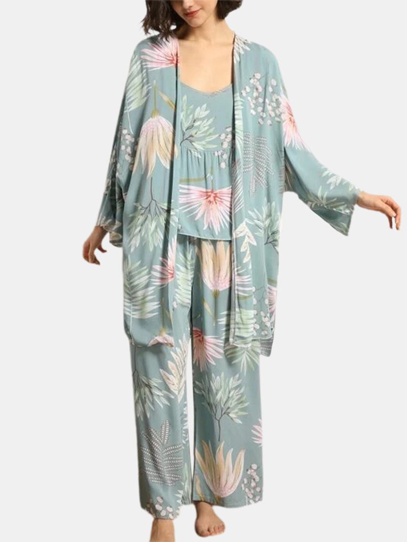 Kvinnor Leaves Med Tryck Sling Wide Leg Byxor Hem Mysig Pyjamas Med Öppen Frontrock
