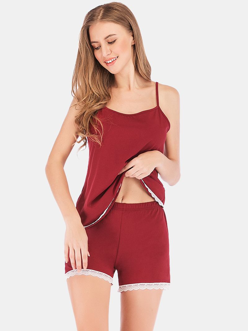 Kvinnor Loungewear Bomull Sling Spets-trim Fritidspyjamas Sovkläder