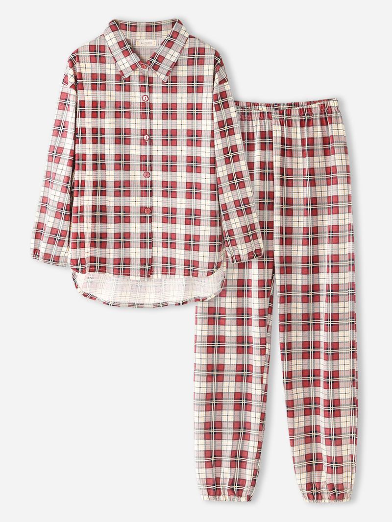 Kvinnor Plaid Med Tryck Lapel High-low Fåll Skjorta Elastiska Midja Byxor Hem Pyjamas Set