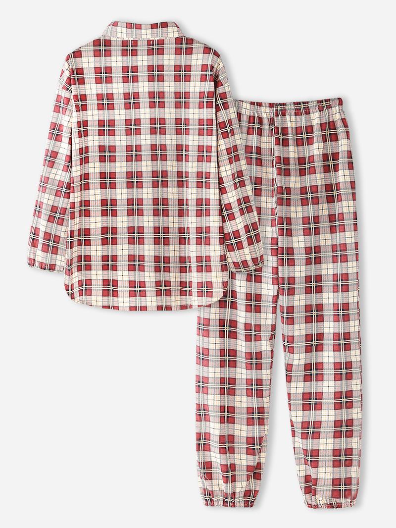 Kvinnor Plaid Med Tryck Lapel High-low Fåll Skjorta Elastiska Midja Byxor Hem Pyjamas Set