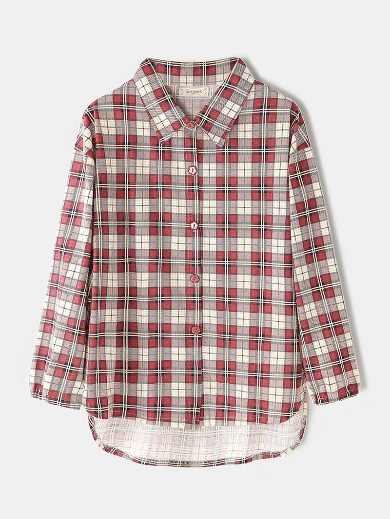 Kvinnor Plaid Med Tryck Lapel High-low Fåll Skjorta Elastiska Midja Byxor Hem Pyjamas Set