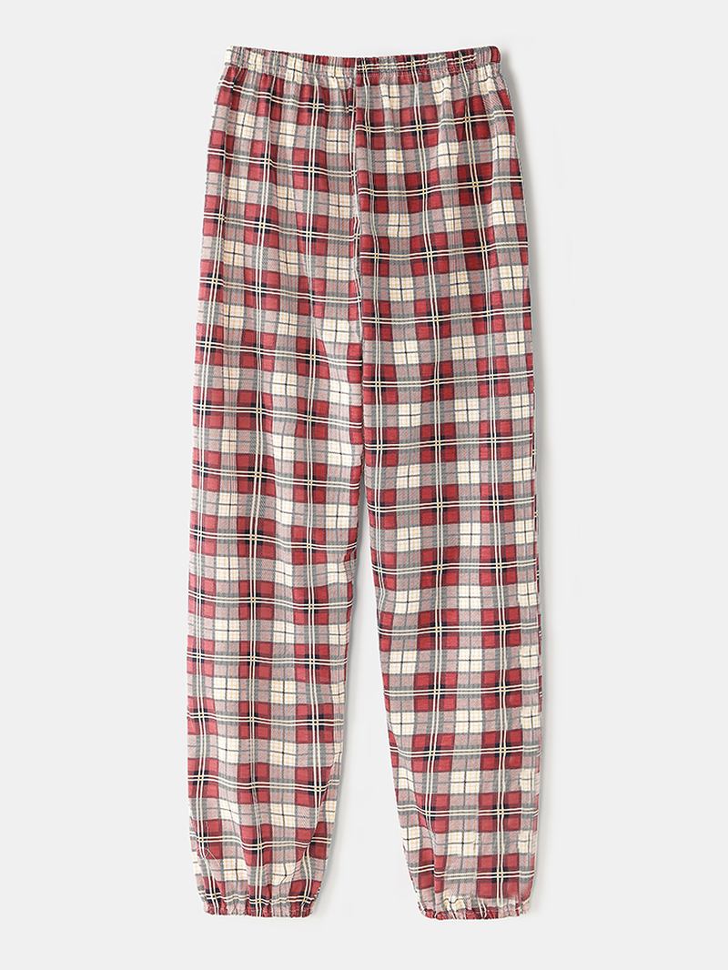 Kvinnor Plaid Med Tryck Lapel High-low Fåll Skjorta Elastiska Midja Byxor Hem Pyjamas Set