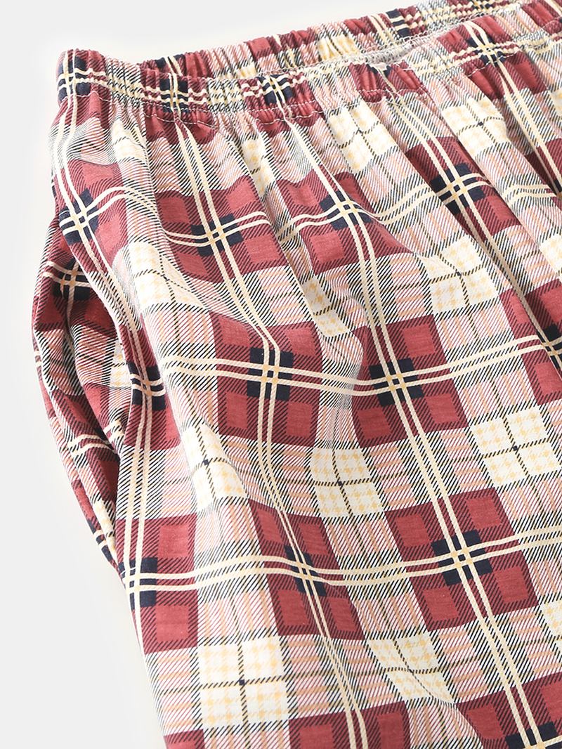 Kvinnor Plaid Med Tryck Lapel High-low Fåll Skjorta Elastiska Midja Byxor Hem Pyjamas Set