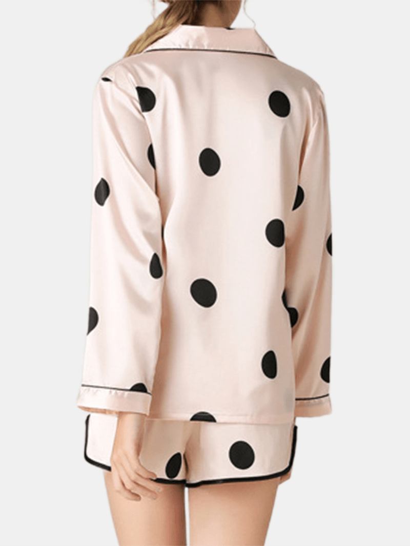 Kvinnor Polka Dot Lapel Collar Rosa Faux Silk Långärmad Lös Pyjamas Set