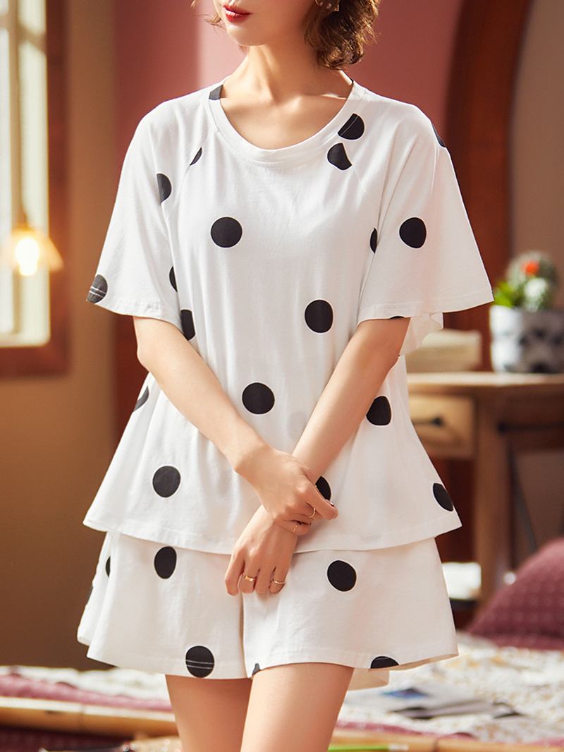 Kvinnor Polka Dot Med Tryck Rund Hals Kort Ärm Shorts Casual Pyjamas Set