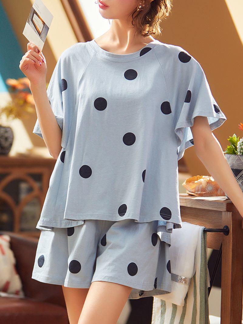 Kvinnor Polka Dot Med Tryck Rund Hals Kort Ärm Shorts Casual Pyjamas Set