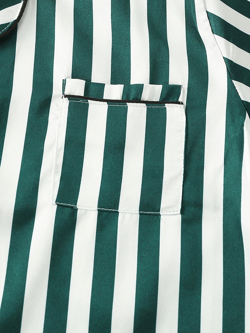 Kvinnor Randig Revere Krage Knapp Upp Långärmad Skjorta Tvådelad Pyjamasset