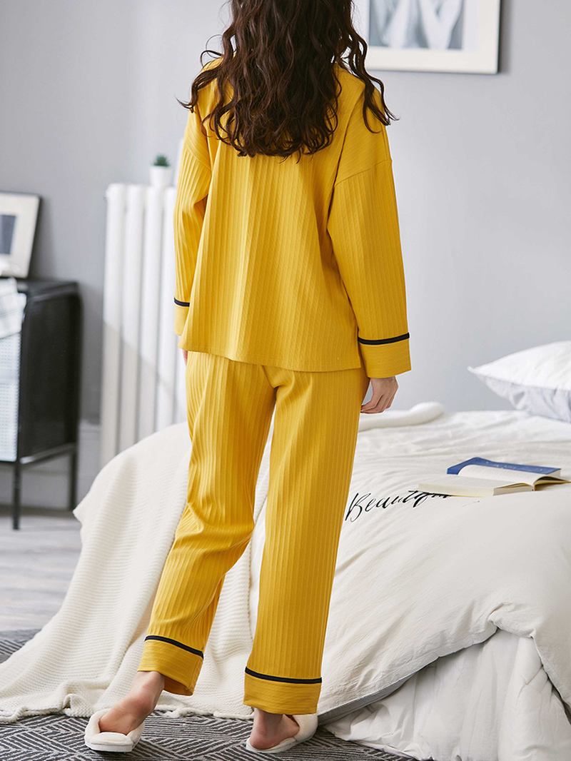 Kvinnor Ribbstickat Brevtryck Tecknad Graffiti Pullover Elastisk Midjeficka Hem Casual Gul Pyjamasset