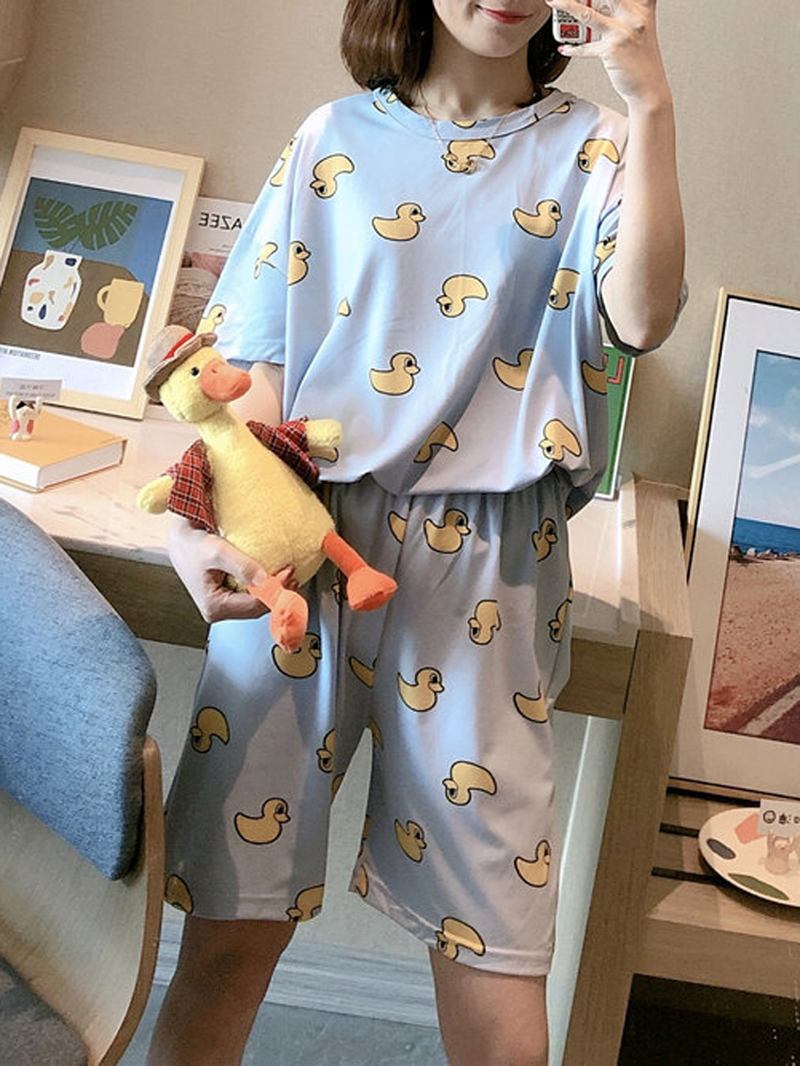 Kvinnor Rolig Cartoon Animal Med Tryck Kortärmad Tvådelad Hem Casual Pyjamas Set