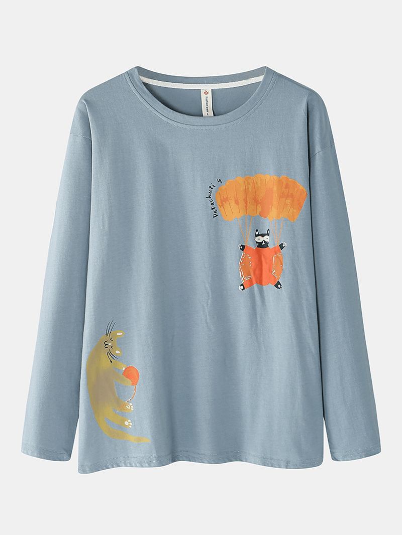 Kvinnor Rolig Cartoon Katt Med Tryck Rund Hals Pullover Elastisk Midja Hem Bomulls Pyjamas Set