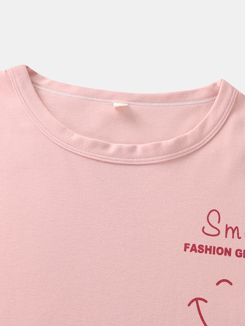 Kvinnor Smile Face Med Tryck Drop Shoulder Randig Manschett Bomull Pullover Pyjamas Set