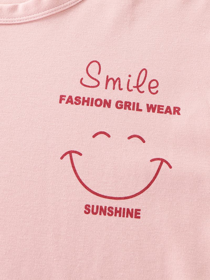 Kvinnor Smile Face Med Tryck Drop Shoulder Randig Manschett Bomull Pullover Pyjamas Set