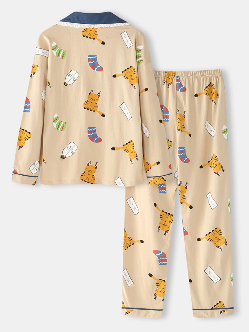 Kvinnor Söt Cartoon Katt Med Tryck Shirt Elastiska Midja Byxor Hem Casual Pyjamas Set