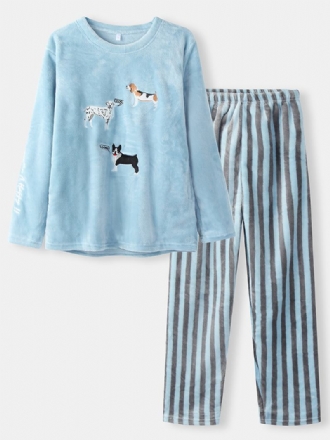 Kvinnor Söta Hundar Broderi Flanell Tjockrandiga Byxor O-hals Varma Pyjamasset