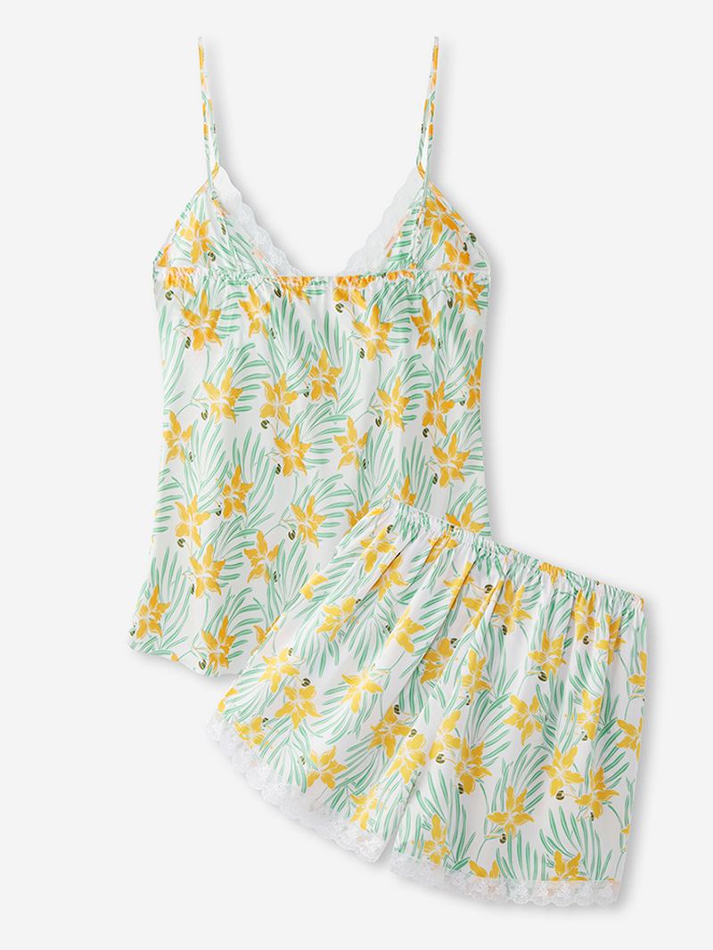 Kvinnor Spets Trim V-hals Blommönster Smooth Hem Ärmlös Pyjamas Set
