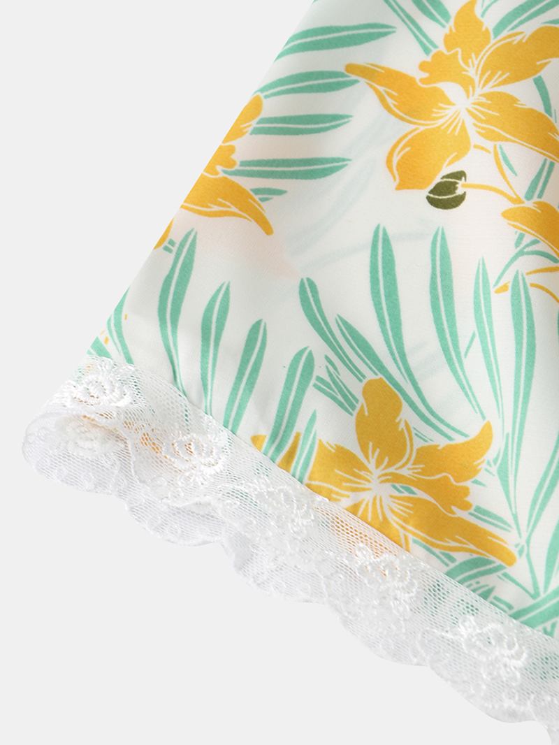 Kvinnor Spets Trim V-hals Blommönster Smooth Hem Ärmlös Pyjamas Set