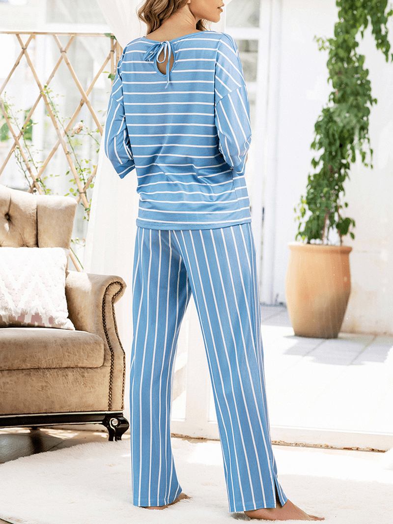 Kvinnor Stripe Med Tryck Rund Hals Toppar Pocket Pants Hem Two Piece Pyjamas Set