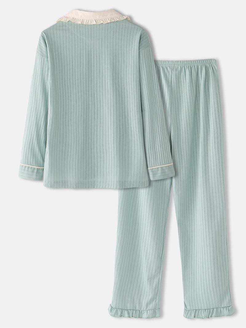 Kvinnor Tecknad Kattficka Stickad Långärmad Loungewear Plus Size Hemma Bomulls Pyjamasset
