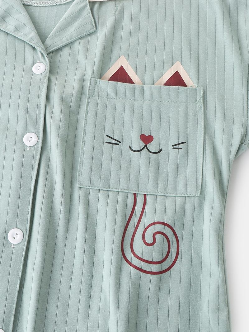 Kvinnor Tecknad Kattficka Stickad Långärmad Loungewear Plus Size Hemma Bomulls Pyjamasset