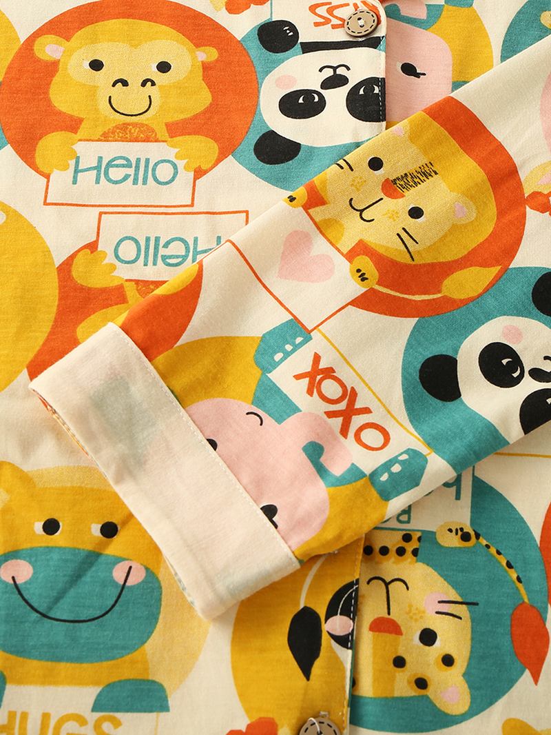 Kvinnor Tecknad Multi Animal Med Tryck Button Up Långärmad Elastisk Midja Hem Bomulls Pyjamas Set