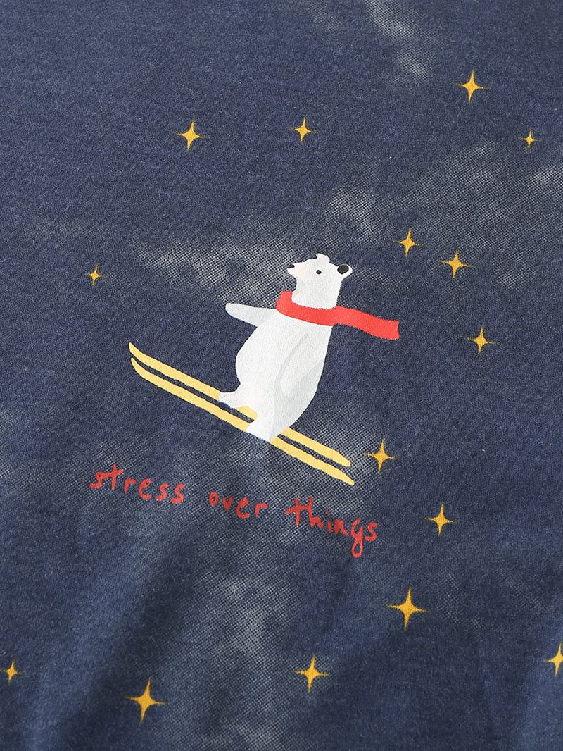 Kvinnor Tecknad Polar Bear & Starry Sky Med Tryck Pullover Elastisk Midja Pocket Byxor Hem Pyjamas Set