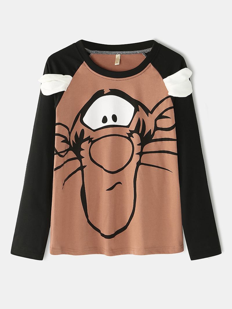 Kvinnor Tecknad Tiger Raglan Ärm Elastiska Midja Byxor Hem Pyjamas Set