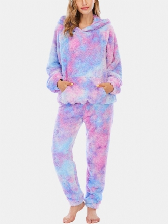 Kvinnor Tie Dye Känguruficka Långärmad Fleece Luvtröja Lösa Byxor Hem Mjuk Pyjamas Set