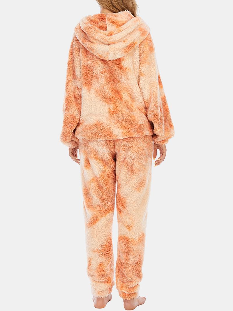 Kvinnor Tie Dye Mjuk Plysch Långärmad Ficka Fleece Luvtröja Lösa Byxor Hem Pyjamas Set