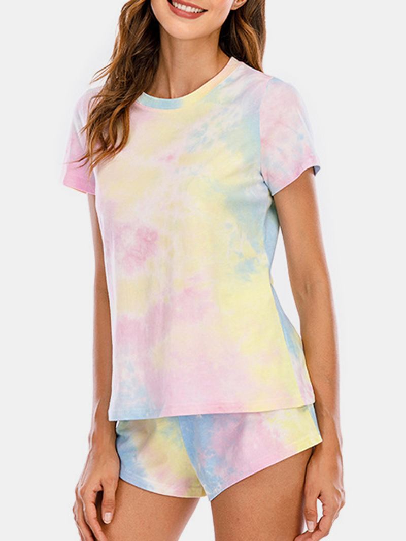 Kvinnor Tie Dye Pyjamas Set Två Delar Kort Ärm O-neck Softies Sommar Sovkläder