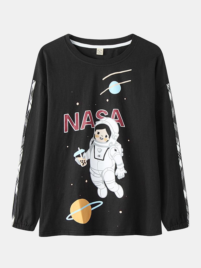 Kvinnor Tjej Astronaut Med Tryck Rund Hals Bomulls Cuffed Pyjamas Set Med Pläda Byxor
