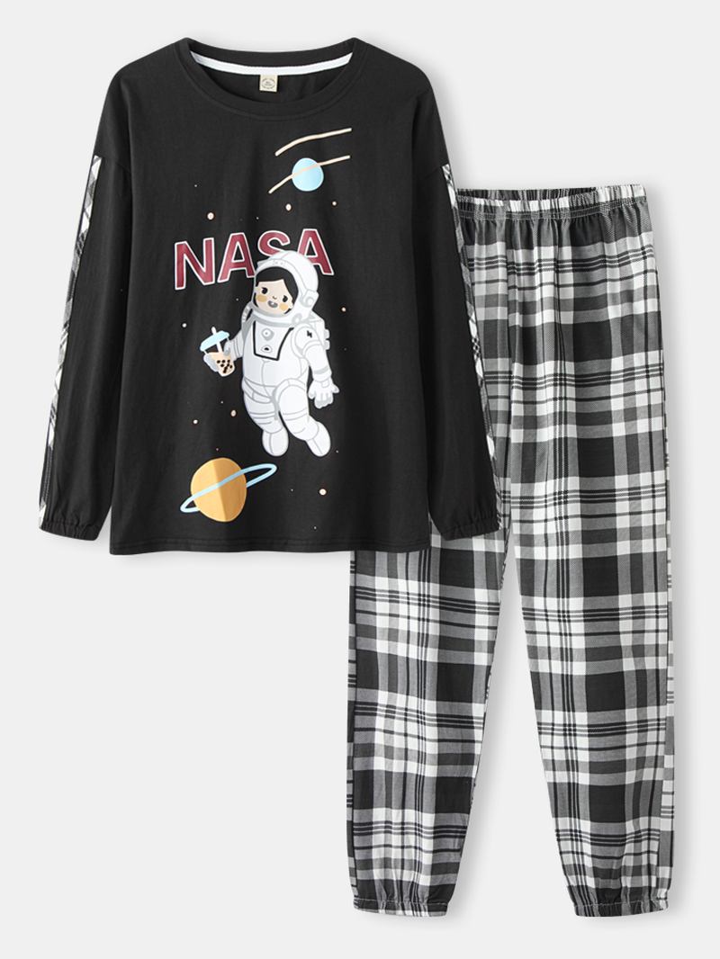 Kvinnor Tjej Astronaut Med Tryck Rund Hals Bomulls Cuffed Pyjamas Set Med Pläda Byxor