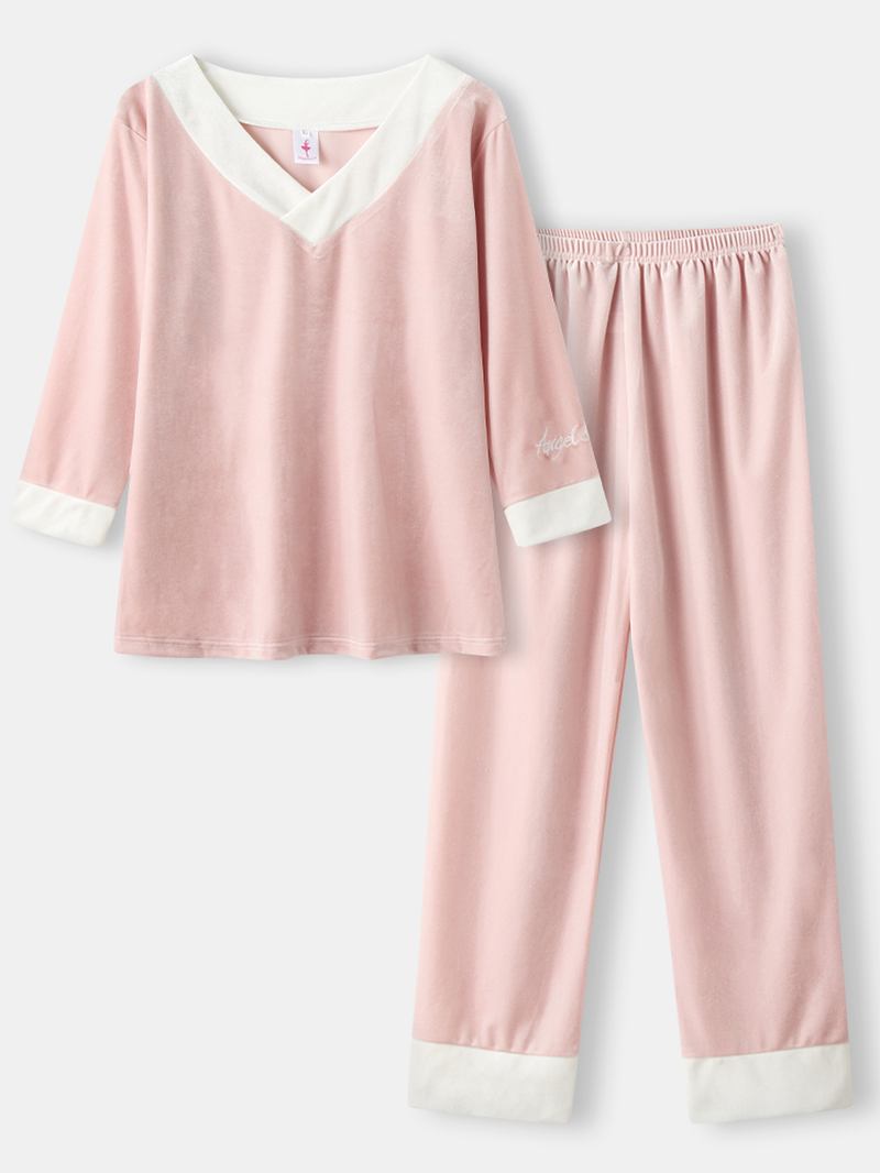 Kvinnor Velour Kontrast V-hals Brev Broderi Manschett Mysig Pyjamas Set