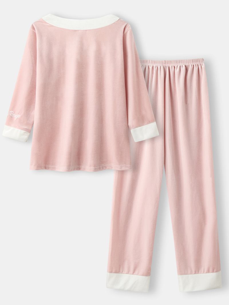 Kvinnor Velour Kontrast V-hals Brev Broderi Manschett Mysig Pyjamas Set