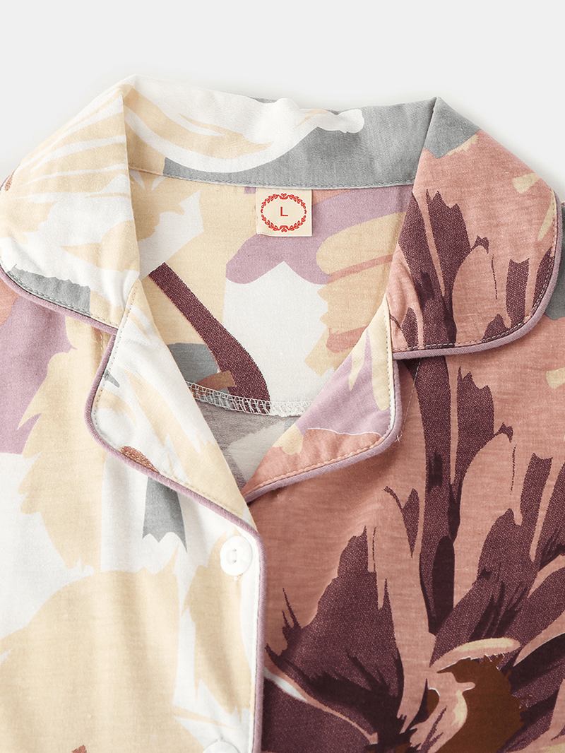 Kvinnor Vintage Blommönster Camp Collar Dubbel Pocket Skjorta Elastiska Midja Byxor Sovkläder Hem Pyjamas
