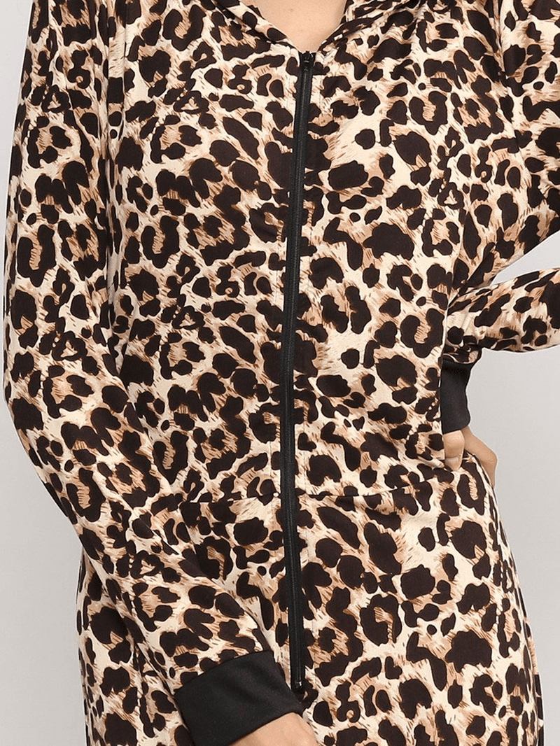 Leopard Hooded Jumpsuits Front Zipper Pyjamas Set