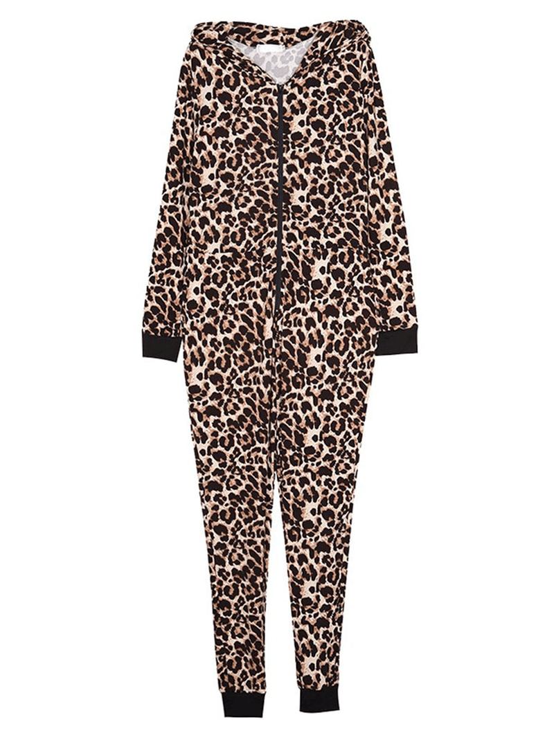 Leopard Hooded Jumpsuits Front Zipper Pyjamas Set