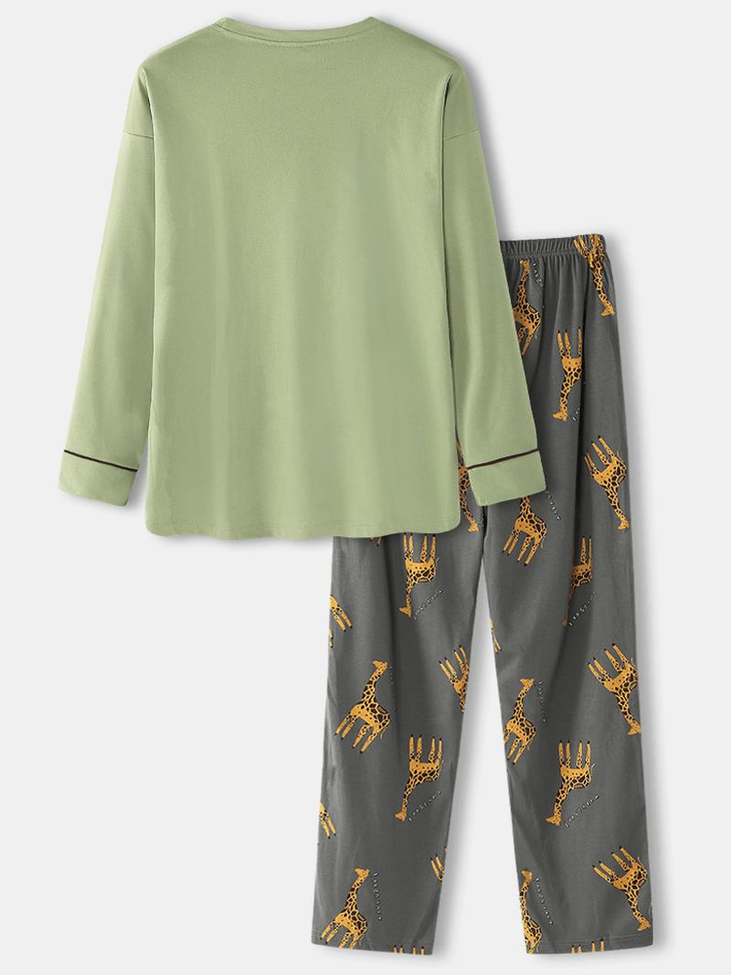 Män Cartoon Giraffe Brevtryck Drop Shoulder Cozy Pyjamas Sets